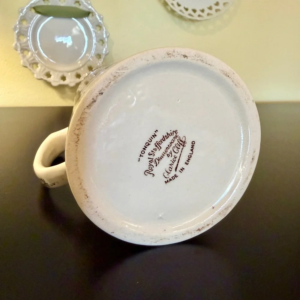 VINTAGE, CLARICE CLIFF, BROWN TRANSFERWARE PITCHER MADE BY ROYAL STAFFORDSHIRE.